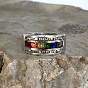 Ross-Simons Sterling Silver Channel Set Multi Gemstone Chakra Band Ring Sz 6.75